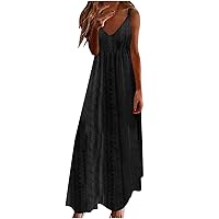 Sundress Women Maxi Dresses for Women 2024 Summer Solid Color Elegant Hollow Trendy Loose with Sleeveless V Neck Dress Black XX-Large