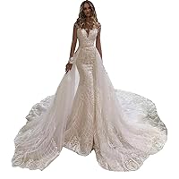 Mermaid Wedding Dresses for Bride Plus Size Long Sleeve Lace Corset Bridal Ball Gown with Detachable Train