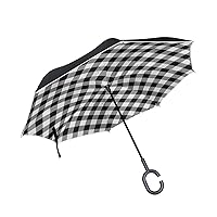 ALAZA Retro Black White Buffalo Plaid Windproof Inverted Open Close Reverse Rain Umbrella Inside Out Quality Waterproof Parasol Upside Down Stick Shelter with Hook c Handle