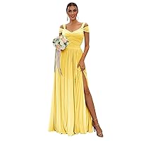 Women's Off The Shoulder Bridesmaid Dresses for Wedding Chiffon Long Formal Evening Gown with Slit U008