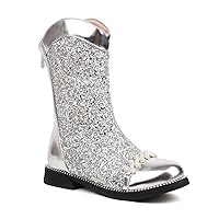 Womens Glitter Sequin Knee High Boots Round Toe Chunky Heel Long Boots Low Heel Zipper Mid Calf Boots Fashion Casual Comfort Dress Shoes with Pearls