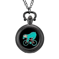 Blue Sloth Rides A Bike Vintage Pocket Watch Printed Pendant Watches Necklace with Chain Gift for Friend Lover Family