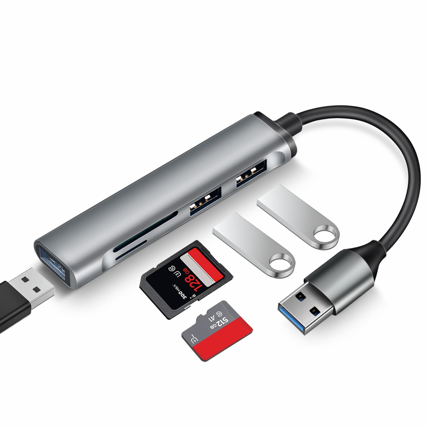 USB Hub, 5 in 1 USB Port Expander, USB 3.0 Hub Multiport , USB Splitter with SD/TF Cards Reader, USB Docking Station for Laptop, PC, Mac, MacBook, Aluminum