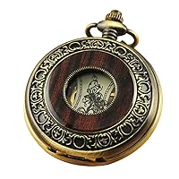 Men's Hand-Wind Mechanical Pocket Watch Vintage Steampunk Wood Grain Hollow Design with Chain and Box
