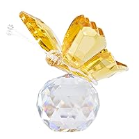 H&D Crystal Flying Butterfly with Crystal Ball Base Figurine Collection Cut Glass Ornament Statue Animal Collectible (Yellow)