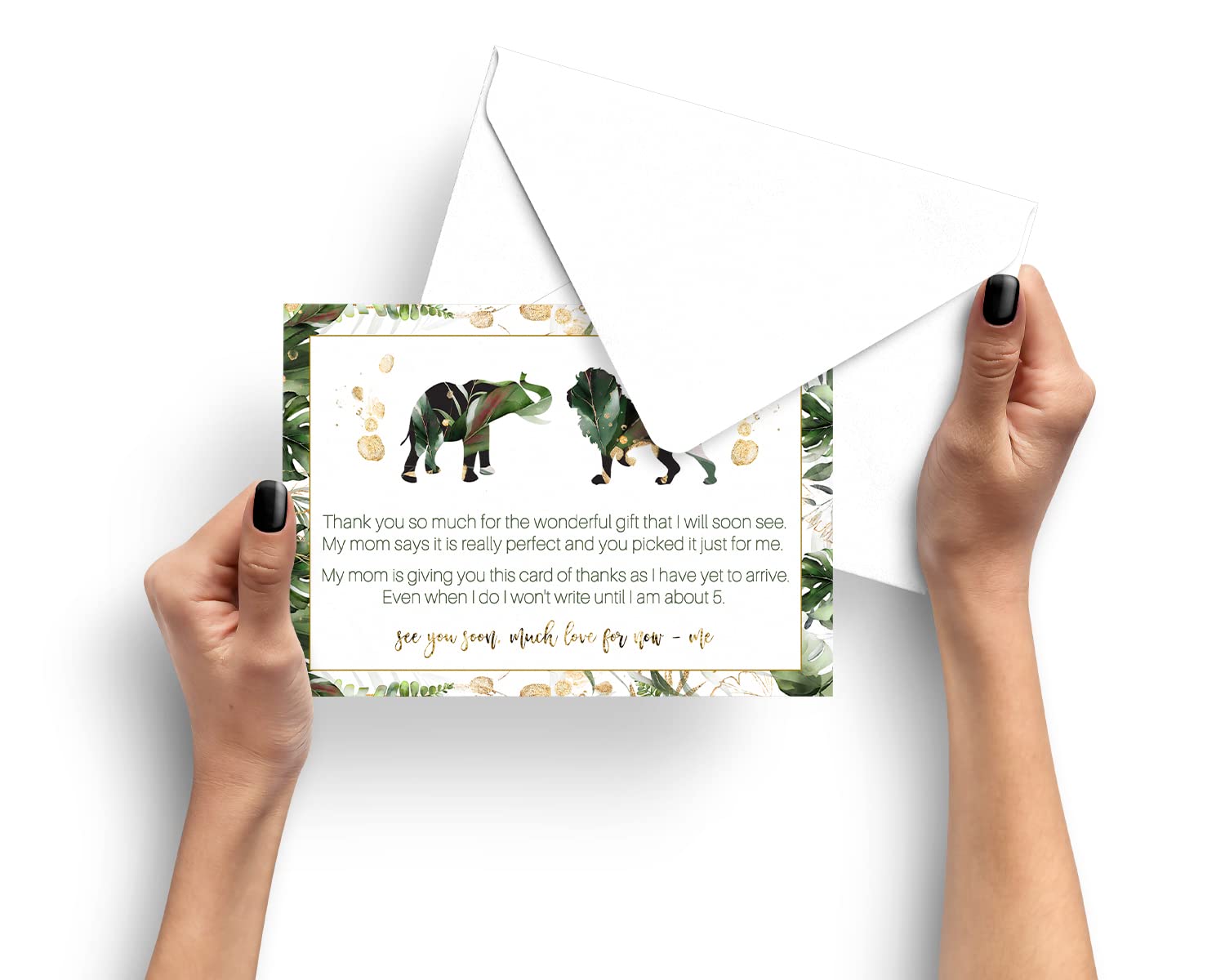 Paper Clever Party Green and Gold Baby Shower Thank You Cards with Envelopes (25 Pack) Individual Prewritten Message from Babies for Registry Gifts Boys or Girls Royal Jungle 4x6 Blank Set