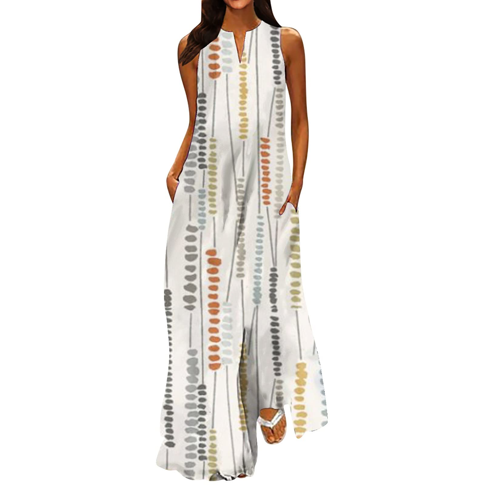 Women's Bodycon Dresses Summer Fashion Classic V-Neck Color Printing Sleeveless Long Dress Vacation Dresses