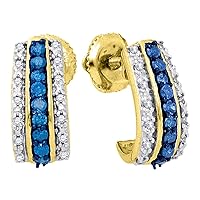 The Diamond Deal 10kt Yellow Gold Womens Round Blue Color Enhanced Diamond Half J Hoop Earrings 1/3 Cttw