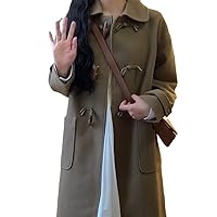Women's Horns Buckle Pea Coat - Fleece Warm Coffee Mid-Length Trench Coat, Winter Cloth Over-The-Knee Fleece Overco