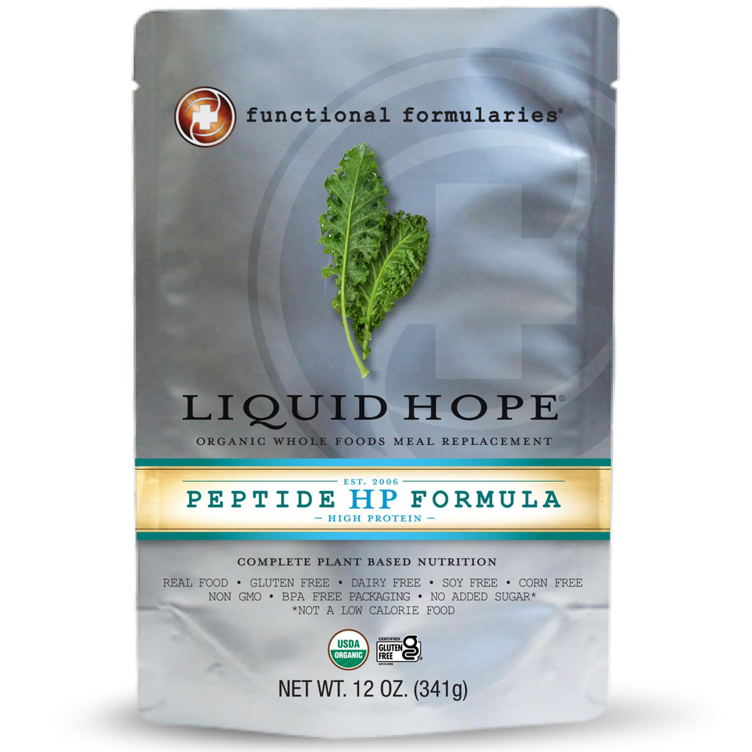 Functional Formularies Liquid Hope Peptide High Protein Organic Tube Feeding Formula and Nutritional Meal Replacement Supplement, 12 Oz Pouch, Pack of 24