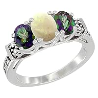 10K White Gold Natural Opal & Mystic Topaz Ring 3-Stone Oval Diamond Accent, Sizes 5-10