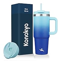 30 oz Tumbler with Handle and 2 Straws,2 in 1 Lid Insulated Water Bottle Stainless Steel Travel Coffee Mug,Sky