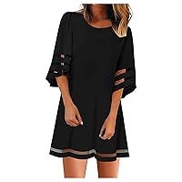 Party Dresses for Women 2024 Sexy, Loose Bell Crewneck Casual Dress Women A-line 3/4 Sleeve Tunic Patchwork Me