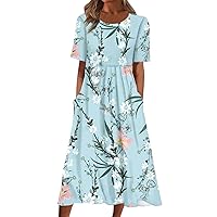Women's Summer Short Sleeve A-Line Midi Dresses for Women Casual Floral Print Flowy Dress Beach Sundress with Pocket