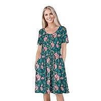 Women's Short Sleeve Empire Knee Length Dress with Pockets Teal and Pink