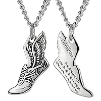 Shields of Strength Women's Stainless Steel Winged Track Shoe Philippians 4:13 Necklace Pendant Cross Country Athletes Contemporary Faith Reminder