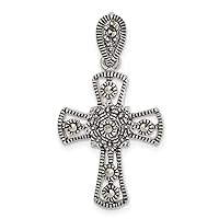 925 Sterling Silver Marcasite Flower Religious Faith Cross Pendant Necklace Jewelry for Women