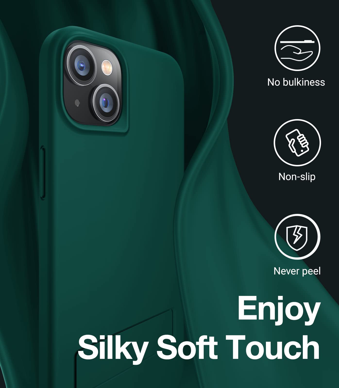 TORRAS 2023 New for iPhone 14 Plus Phone Case with Kickstand,[3 Stand Ways Kickstand][10FT Military Grade Drop Tested] Soft-Touch Slim Silicone iPhone 14 Plus Case for Women for Men,Midnight Green