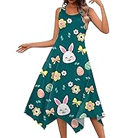 Membership Easter Dress for Women 2024 Cute Bunny Pattern Funny Casual Elegant with Halter V Neck Flowy Swing Dresses Dark Green Large