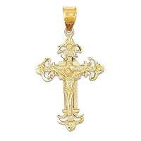Real and Solid 14K Yellow Gold INRI Fleur De Lis Crucifix Pendant