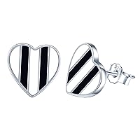 Black White Striped Stud Earrings - Retro Cute Striped Ball Heart Square Tag 925 Sterling Silver Earrings