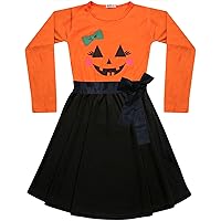 Kids Girls Skater Long Sleeves Contrast Panelled Pumpkin Print Halloween Dresses