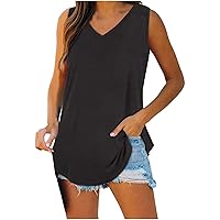 Womens Summer Solid Tank Tops Sleeveless V Neck Casual Tshirts Fashion Daily Loungewear Clothes Dressy Tunic Blosue