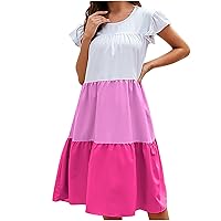 Summer Dresses for Women 2024 Trendy Ruffle Sleeve Crew Neck Color Block A-Line Swing Mini Babydoll Dress Casual Loose