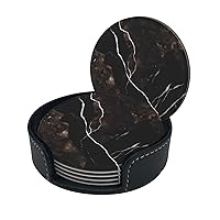 Coasters Sets of 6 with Holder PU Leather Bar Drink Coasters for Coffee Table Home Decor, New Apartment Essentials for Men Women Housewarming Gifts - Black Rose Gold Marble