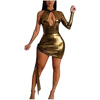 Women's Metallic Mini Dress Cut Out Ruched Mini Dress Shiny Bodycon Halter One Shoulder Ruched Club Party Dresses