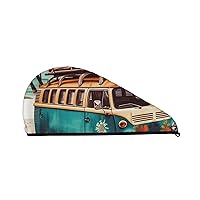 Old Bus with Surfboard Print Dry Hair Cap for Women Coral Velvet Hair Towel Wrap Absorbent Hair Drying Towel with Button Quick Dry Hair Turban for Travel Shower Gym Salons