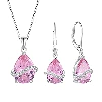 Teardrop Jewelry Set for Women 925 Sterling Silver Pink Tourmaline Necklace Dangle Drop Leverback Earrings October Birthstone Jewelry Gifts for Her