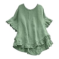 Summer Tops for Women 2024 Solid Color Vintage Fashion Loose Fit with Short Sleeve Round Neck Ruffle in Shirts