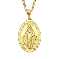 Titanium steel Miraculous Medal with Our Lady Necklace 3MM Penant Necklace Curb Link Chain 22-24 Inches