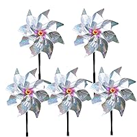Reflective Pinwheels, 5pcs 24cm Garden Sparkly Pinwheel with Stake, Bird Deterrent Windmill for Yard, Effective Colour Spinner for Garden Yard Decorations (Windmill -3)