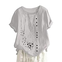 Linen Shirt for Women Dandelion Graphic Casual T Shirt Button Down Loose Fit Classic Print Tops Summer Cute Tshirts