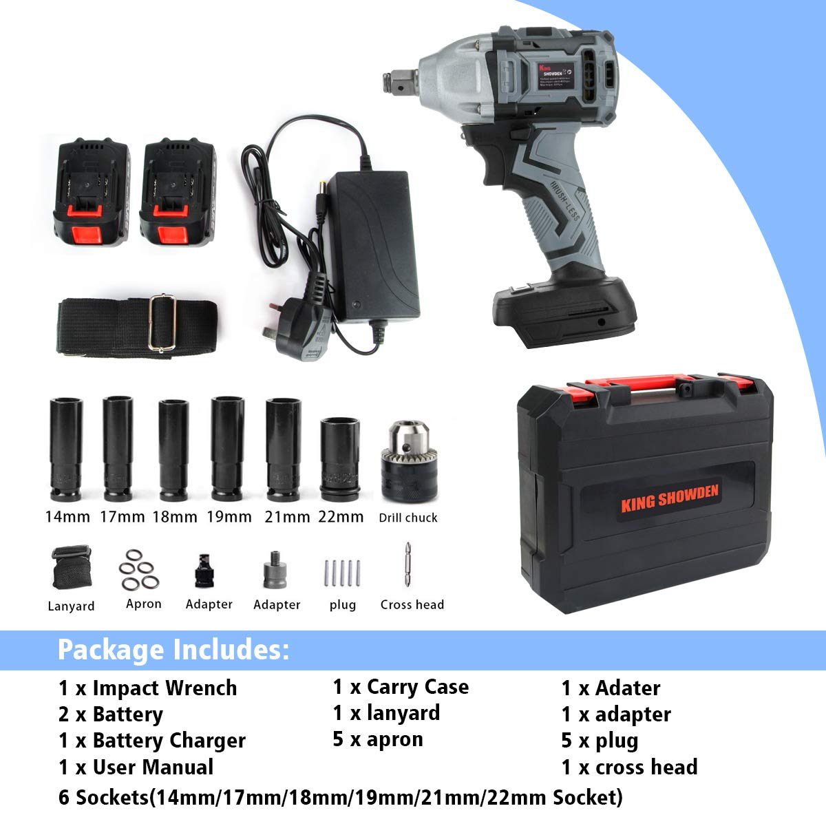 500N.M High Torque 5,000mAH Lithium Battery Dual Speed Automatic Power Tool,6 Impact Socket and Carry Case Impact Wrench with 2 Battery KINGSHOWDEN Cordless Impact Driver 18V 