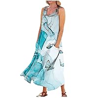 Linen Summer Dresses Sleeveless Dress for Women 2024 Marble Print Fashion Loose Fit Casual Trendy U Neck Dresses with Pockets Light Blue Small