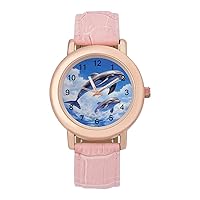 Dolphins Leaping Over Blue Sky Women's Watches Classic Quartz Watch with Leather Strap Easy to Read Wrist Watch