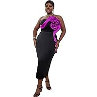 AOMEI Women's Tube Top Strapless Purple Flower Patchwork Black Slim Pencil Dress
