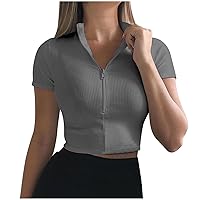 Prime Two Day Deals Women Stand Collar Cropped Top Sexy Ribbed Yoga Shirts Half Zip Workout Tee Slim Fit Workout Crop Top Short Sleeve Short Sleeve Print Shirts