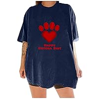 Valentine Shirts for Womens Love Heart Dog Paw Printed Short Sleeve Tops Oversized Crewneck Pullover Tops Blouses