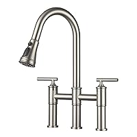 Casainc Kitchen Faucet with Sprayer, Brushed Nickel Bridge Kitchen Faucet, 3-Types Water 4 Hole Kitchen Faucet 2 Handle 8 in Black Faucet for Kitchen Sinks, Nickel Faucet for Kitchen Renovation