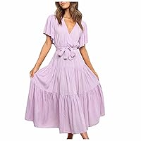 Midi Dress for Women Summer Casual V Neck Wrap Ruffle Short Sleeve Belted Flowy Tiered Dress A Line Beach Sun Dresses