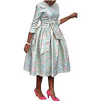 African Dresses for Women Autumn African 3/4 Sleeve High Waist Lace Up Party Wedding Female Round Neck Midi Dress