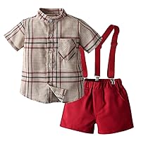 Children's Clothing,Summer New Children's Korean Style Short-Sleeved Plaid T-Shirts and Strap Shorts Two Pieces.