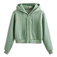 Women's Crop Hooded Sweatshirt Long Sleeve Drawstring Full Zip Jacket Casual Solid Color Hoodie Teen Girls Y2k Tops