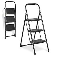 Double Elite Step Ladder 3 Step Folding with Handgrip, Heavy Duty 440Lbs Load Step Stools for Adults, Safer Step Ladder for Home/Kitchen, Small Foldable Step Stool with Anti-Slip Wide Pedals, Black