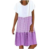 Crewneck Short Sleeve Tshirt Dress for Women Color Block Stripes Polka Dot Summer Dress Casual Flowy Beach Sundresses