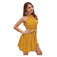 TINMIIR Women's Summer Dresses Polka Dot Keyhole Back Belted Flared Hem A-Line Dress (Color : Mustard Yellow, Size : X-Large)